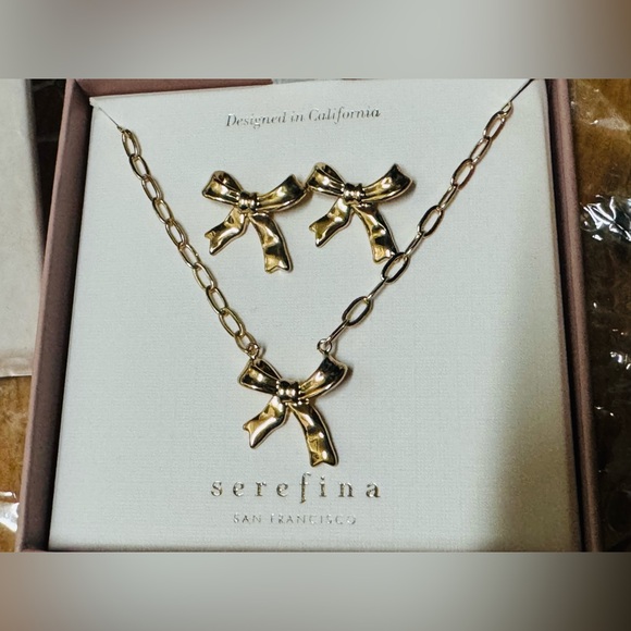 New Anthropologie Serefina Gold Bow Earrings and Bow Necklace Set & Free Gift - Picture 2 of 7